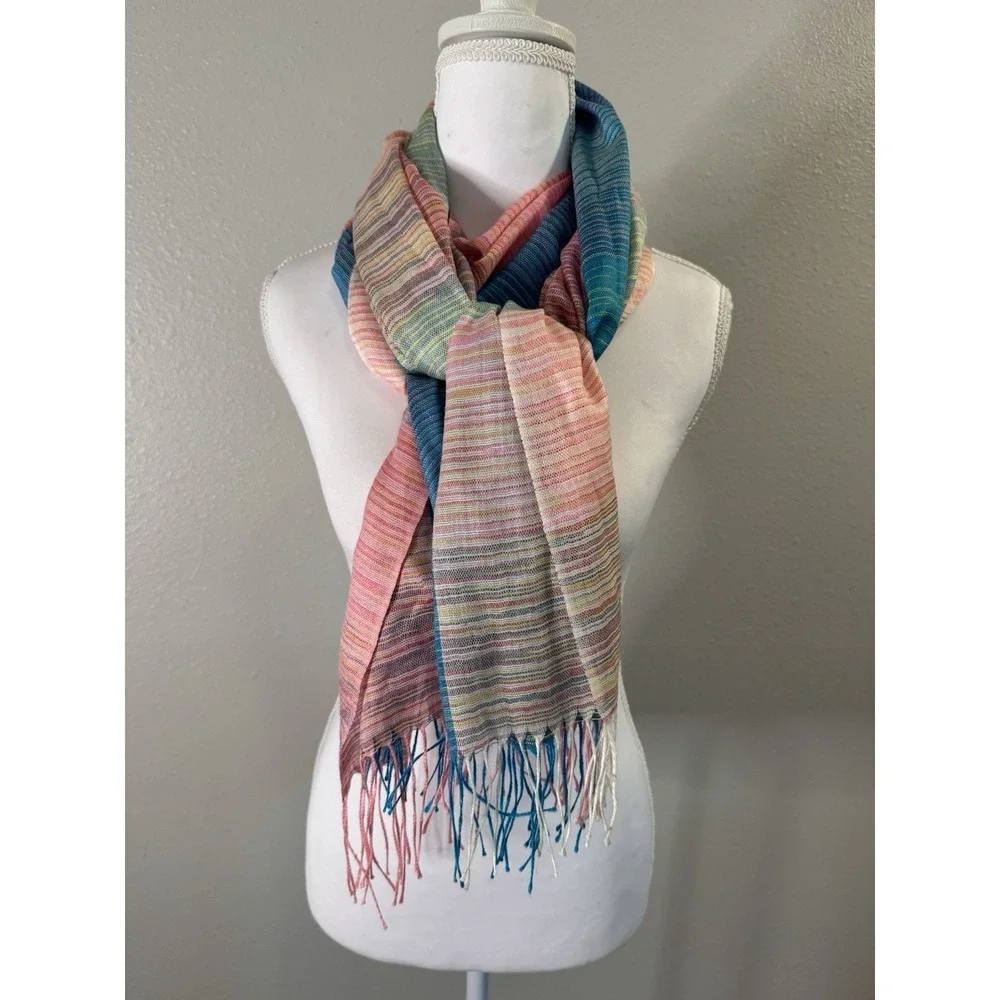 Pashmina Silk 70/30 Striped Scarf Wrap Boho‎ Whimsigoth Lagenlook Colorful 70x24